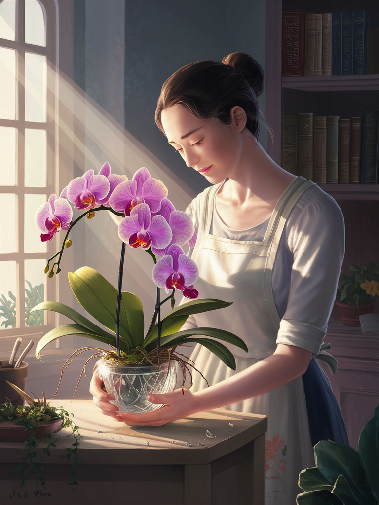 woman looking after an orchid