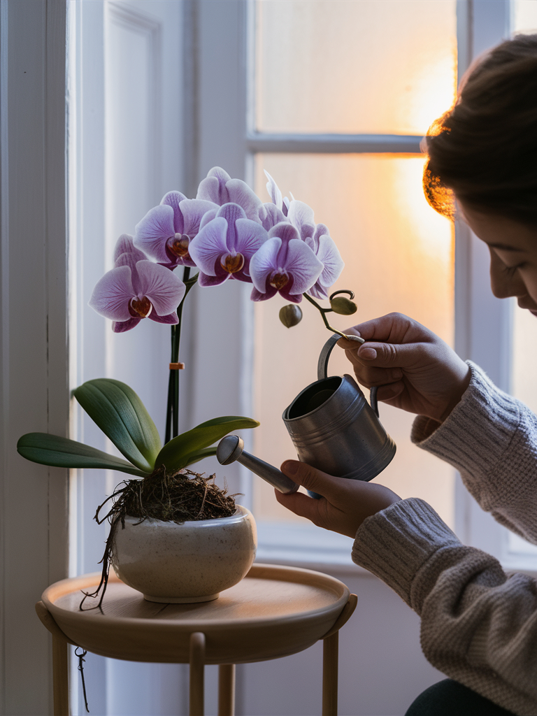 watering a struggling orchid