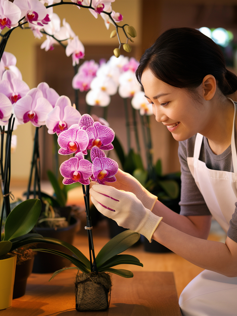 woman caring for an orchid