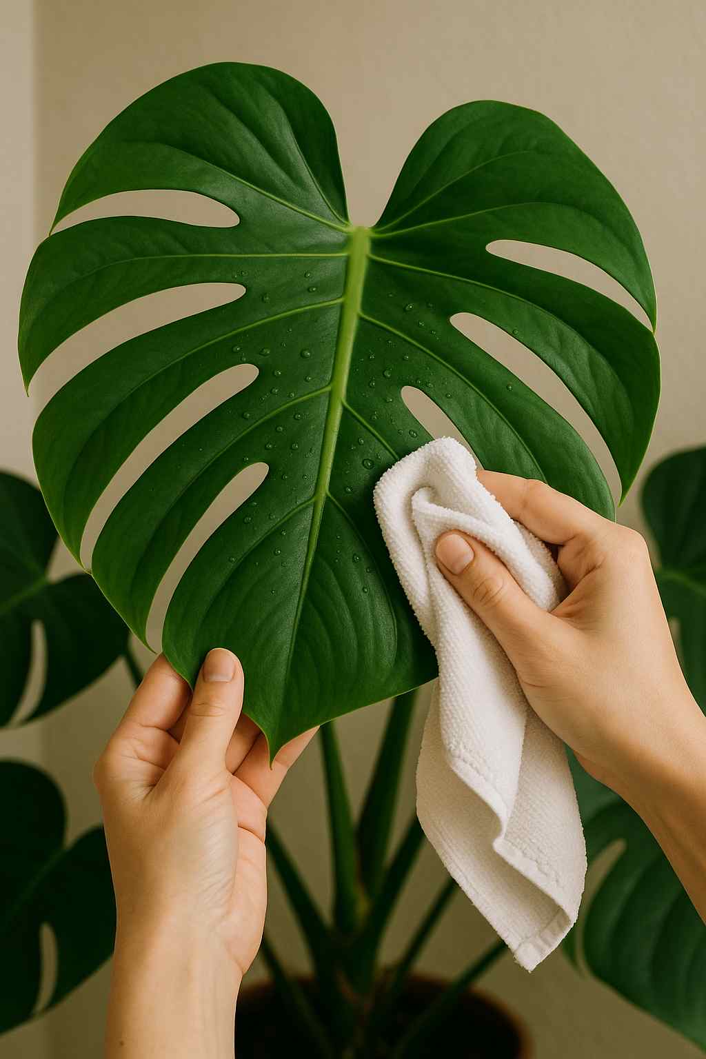 wiping a large monstera leaf clean